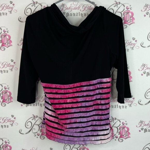 Bellissima long sleeve ruffle tiered ombré tie dye Black and Pink Striped Top - Picture 2 of 8